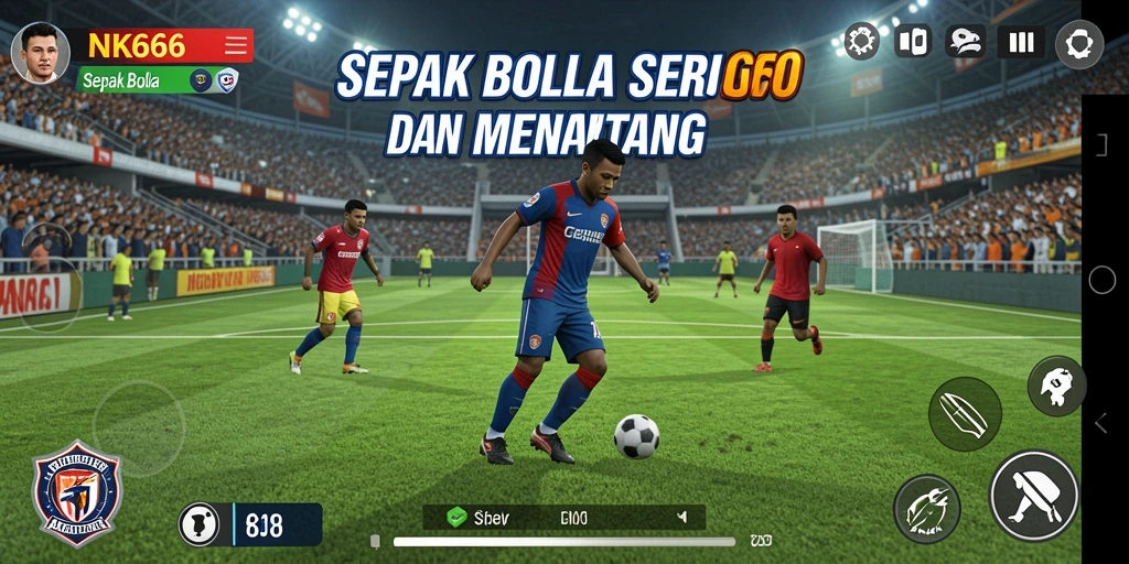 Screenshot utama NK666 menunjukkan aksi dinamis sepak bola.