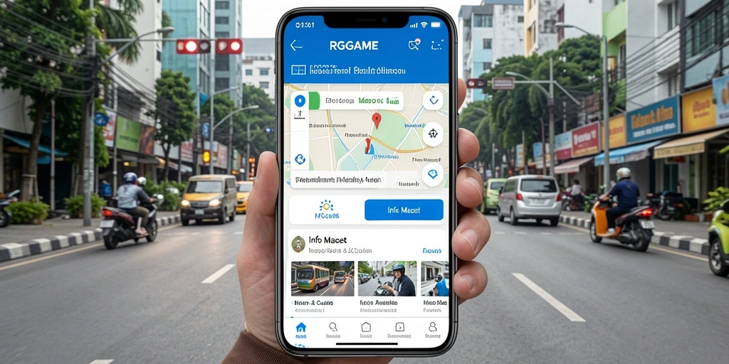 Antarmuka RPGAME menampilkan informasi kemacetan dan cuaca terkini.