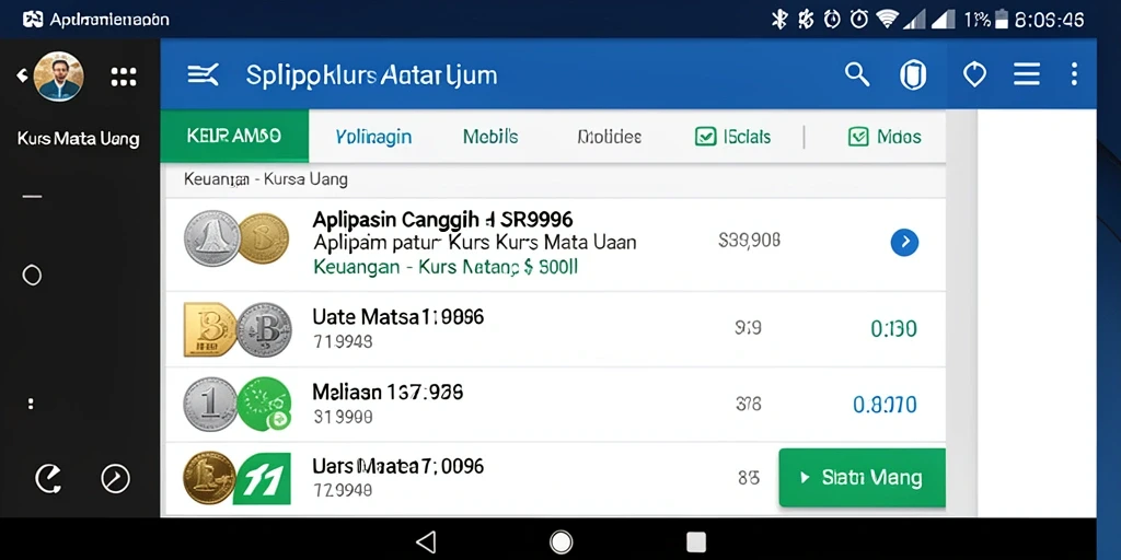 Tampilan antarmuka aplikasi SR996 dengan informasi kurs mata uang.